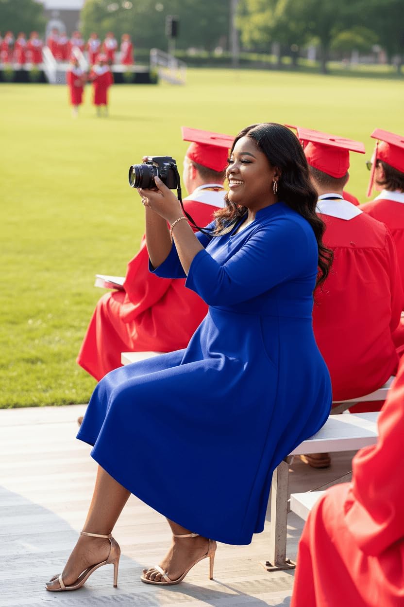 Nmoder Plus Size Dresses for Women - Casual 3/4 Sleeve V Neck Church Midi Dress Wedding Guest Cocktail with Pocket - Image 3