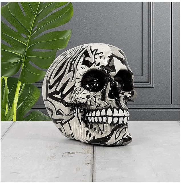 Monochrome graffiti art design Skull ornament figurine 12cm x 10cm x 15cm