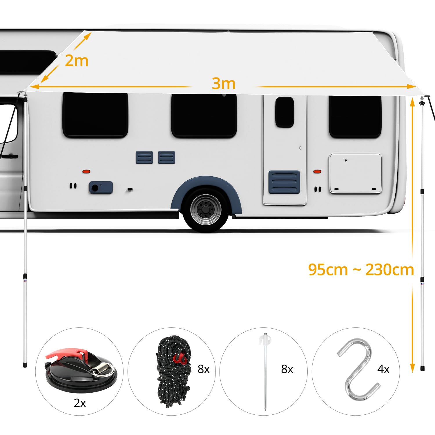QWORK Sonnensegel Wohnwagen 300x200 cm Teleskopstangen 95-230 cm Markise UV 50+ UV-Schutz 6000mm Wasserdicht