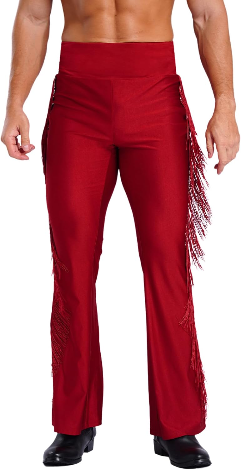 Men's Fringe Dance Pants Vintage Bell Bottom Pants Flared Trousers Ballroom Dance Pants