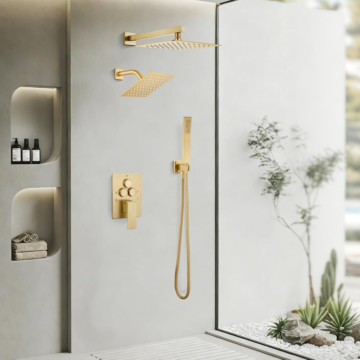 gotonovo Bathroom Shower Faucet Set Push Button Diverter Rainfall Shower System Shower head and Handheld Set Shower Trim Kit Wall Mount 12 Inch Showerhead with 6 Inch Showerhead Brushed Gold