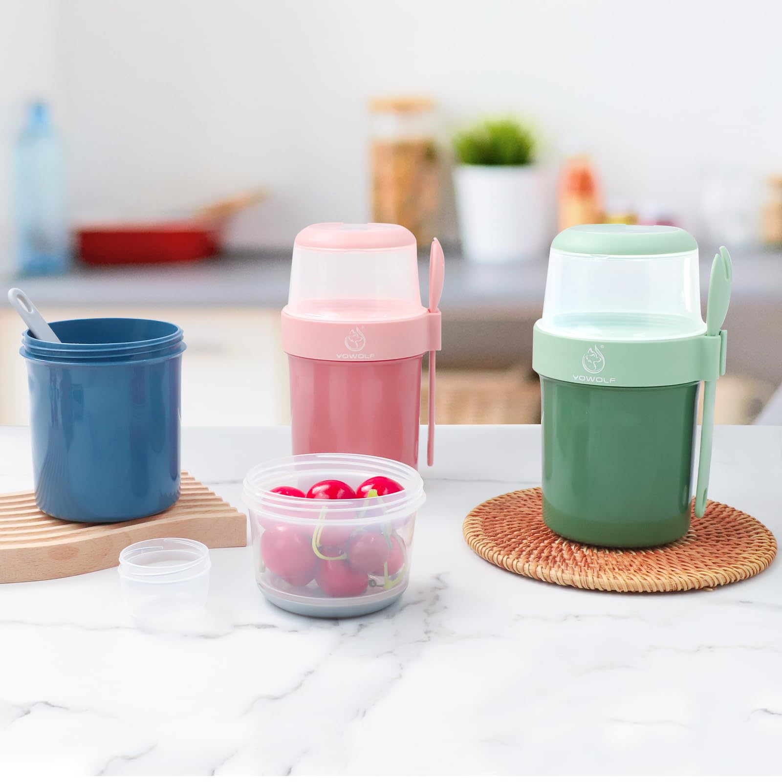 Vaso de Yogur y Cereales para Llevar 2 en 1, Recipiente Práctico con Cuchara, Taza de Yogurt To Go a Prueba de Fugas, Ideal para Picnic, Almuerzo y Ensalada (Azul)