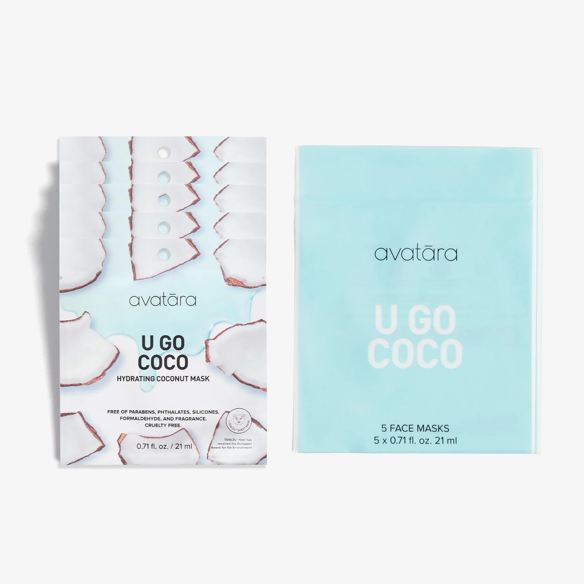 Avatara - U Go Coco Facial Mask, Hydrating Mask, Sheet Masks with Coconut Fruit Extract and Hyaluronic Acid, Face Mask Skincare Made with Natural Tencel Fiber, Paraben-Free, All Skin Types, 5 Sheets