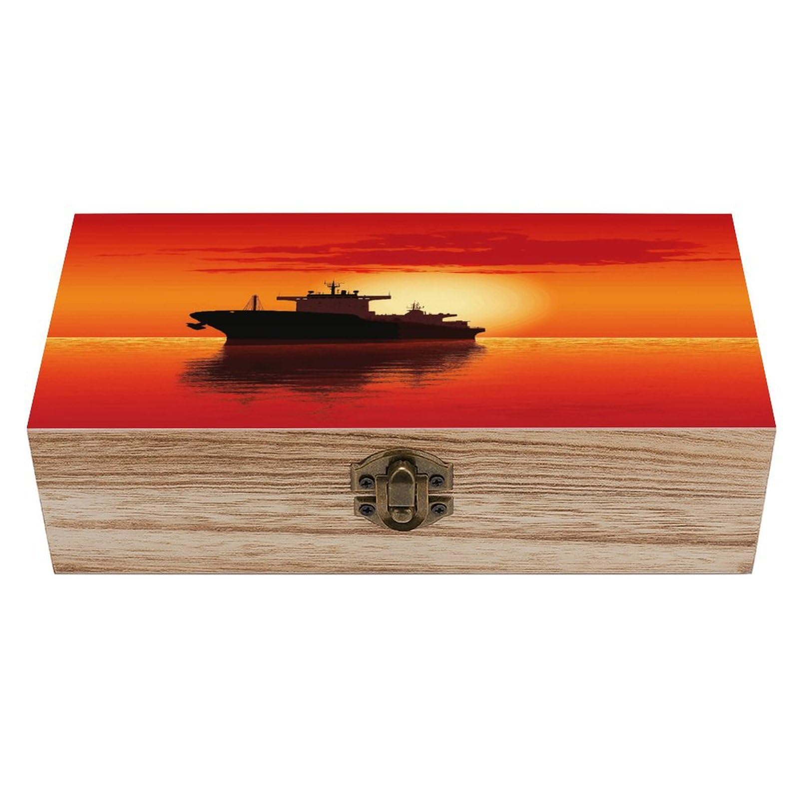 Adfgyerh Style Silhouette Of The Tanker Ship On Red Sunrise Bins Solid Wood，Jewelry Box Retro And Exquisite，Storage Box Used For Storing Photos, Souvenirs, Letters, Gifts, And Jewelry.