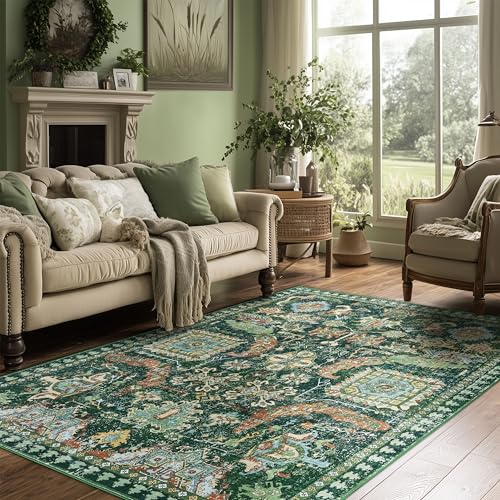 5x7 ft Green Washable Area Rug, Non-Slip Soft Boho Indoor