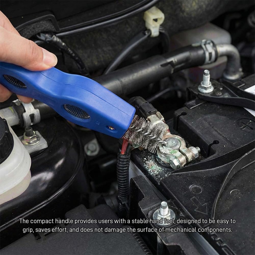 4 in 1 Car Battery Cleaning Brush, Battery Cleaner, Rustproof Battery Cleaner Tool with Steel Wire, Car Accessories Battery Terminals Machine Parts Cleaning Tool for Auto Marine (Blue)