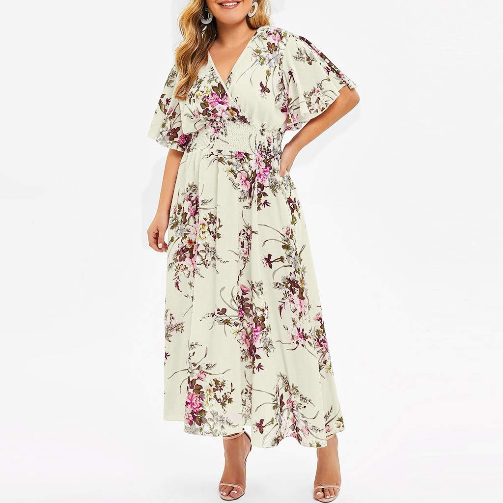QWUVEDS Talla Casual Ropa Corta Mujer Manga Cuello en V Flores Estampado Plus Moda Plus Tamaño Vestido Mujer Tallas Grandes Vestido de Boda Vestido de Verano para Mujer Elegante Sexy