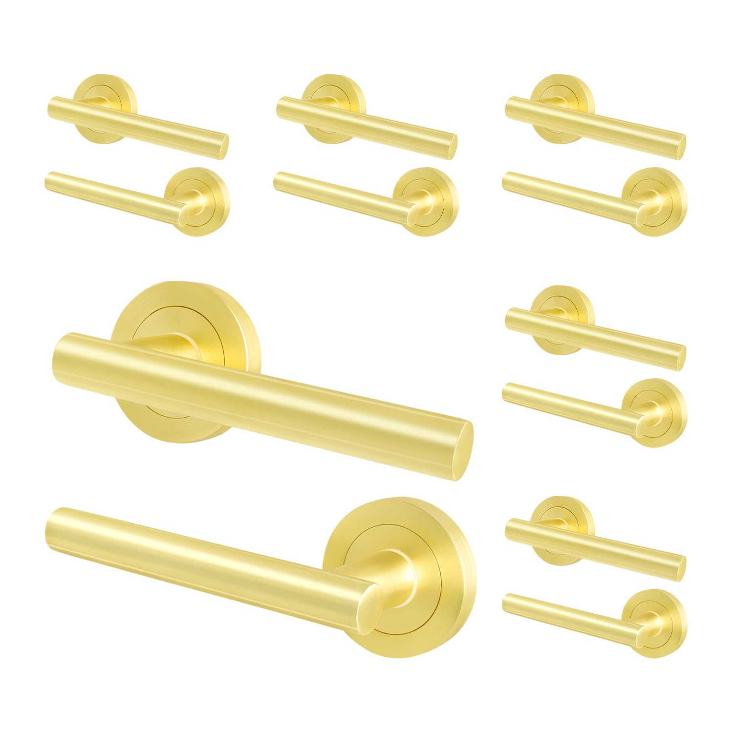 EAI Satin Brass Door Handles, 6 Pairs T-Bar Lever on Rose - Oliena