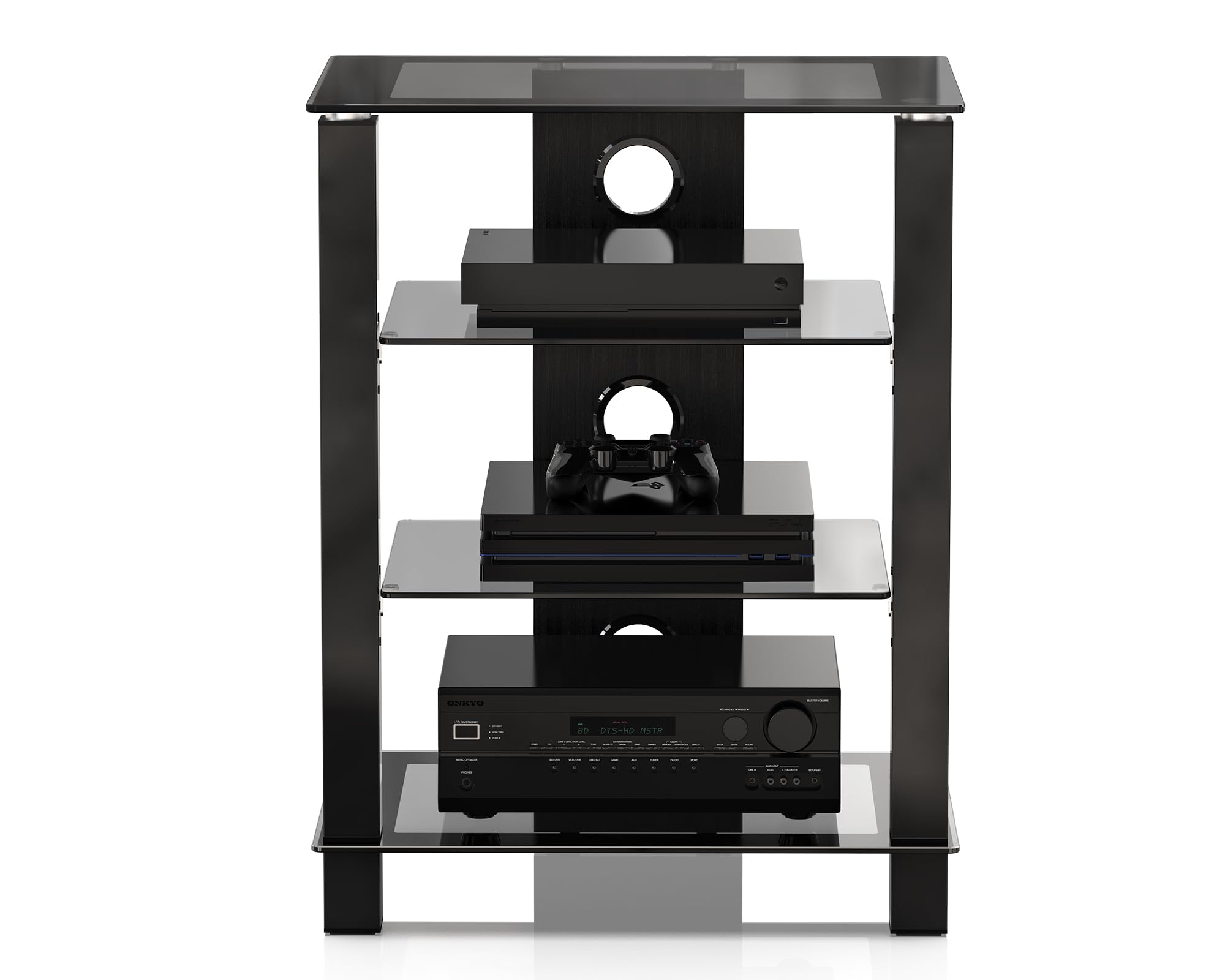 FITUEYES Mueble HiFi Negro con 4 Estantes de Cristal Templado,Mueble HiFi Mesa con 3 Columnas y Gestión de Cable,57 * 42 * 73.9cm