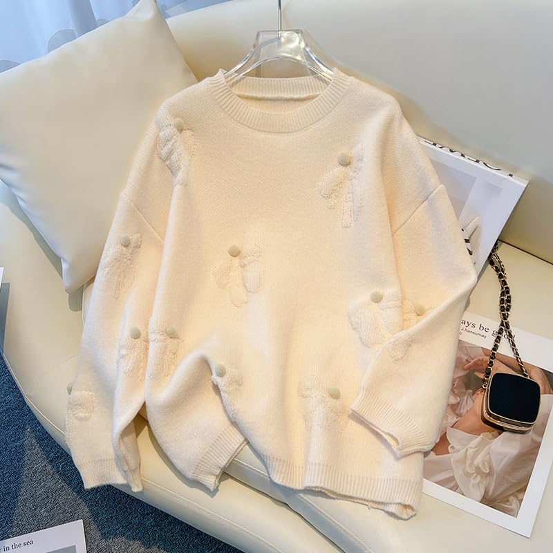 Women's Cute Bow Slouchy Pullover Sweater Fall/Winter Solid Loose Crewneck Long Sleeve Crochet Knitwear Going Out Top Jumper3