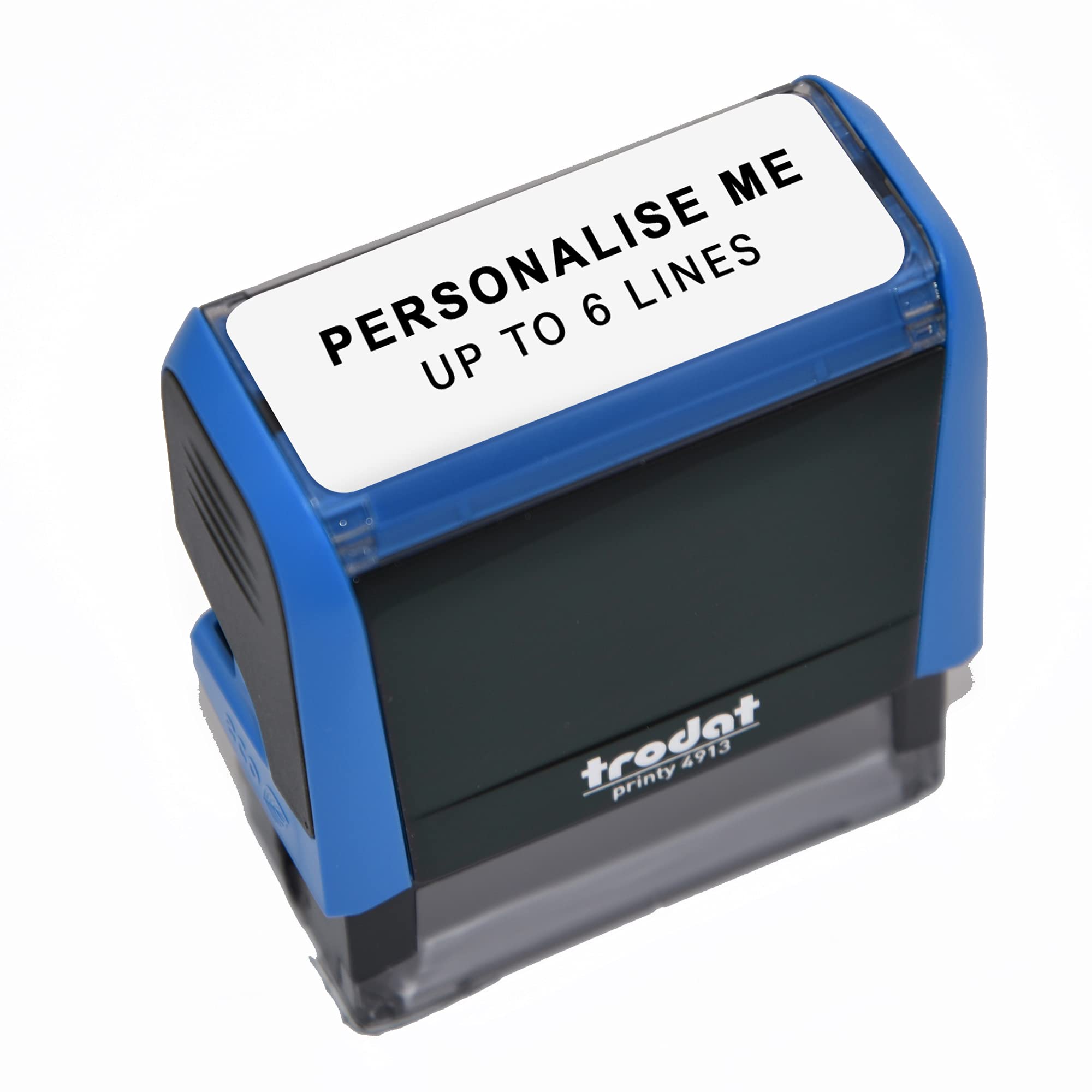Blue Printy 4913 Personalised Custom Office, Business and Teacher Stamp – Allows Up to 6 Lines of Text – Impression Size 57 x 21 mm – Self-Inking with 3 Ink Pad Colours Choices