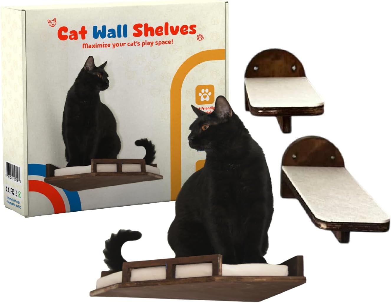 Cat Wall Shelves, 2 Steps, 1 Corner Shelf. Wall Mounted Cat Furniture, cat Climbing Shelves, Large Cats Climber Set, Dark Wood, cat Perch walkways, Washable, Cozy & Comfy Cushion Fabric