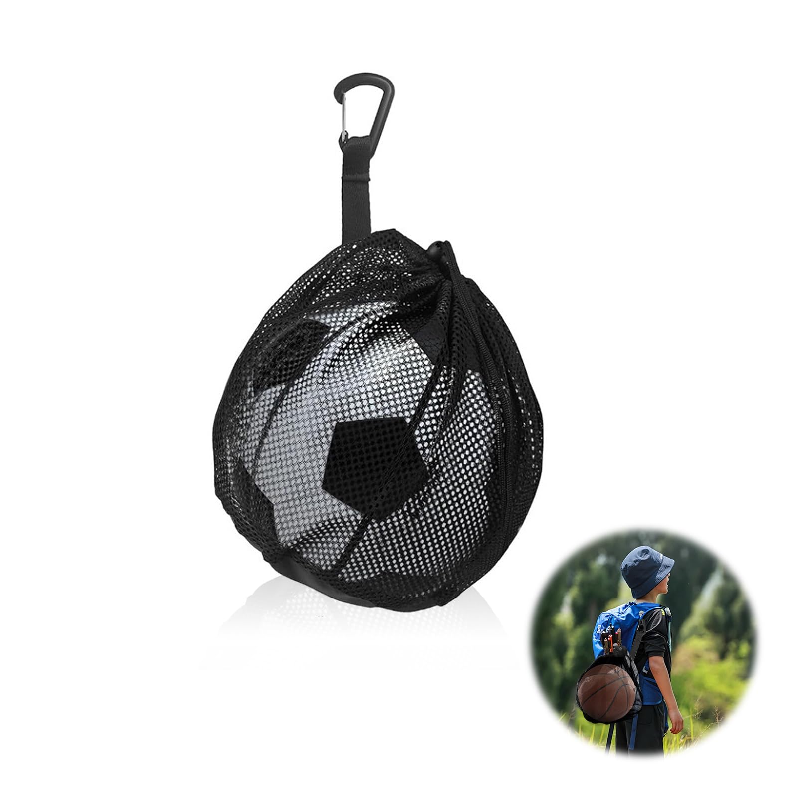 YMTWSRY Ball Bags for Football, Single Basketball Bag 10 X 12 Inch Drawstring Sport Equipment Storage Net Bag with Zipper Pocket Mesh Buckle Clip Sling Backpack for Volleyball Soccer
