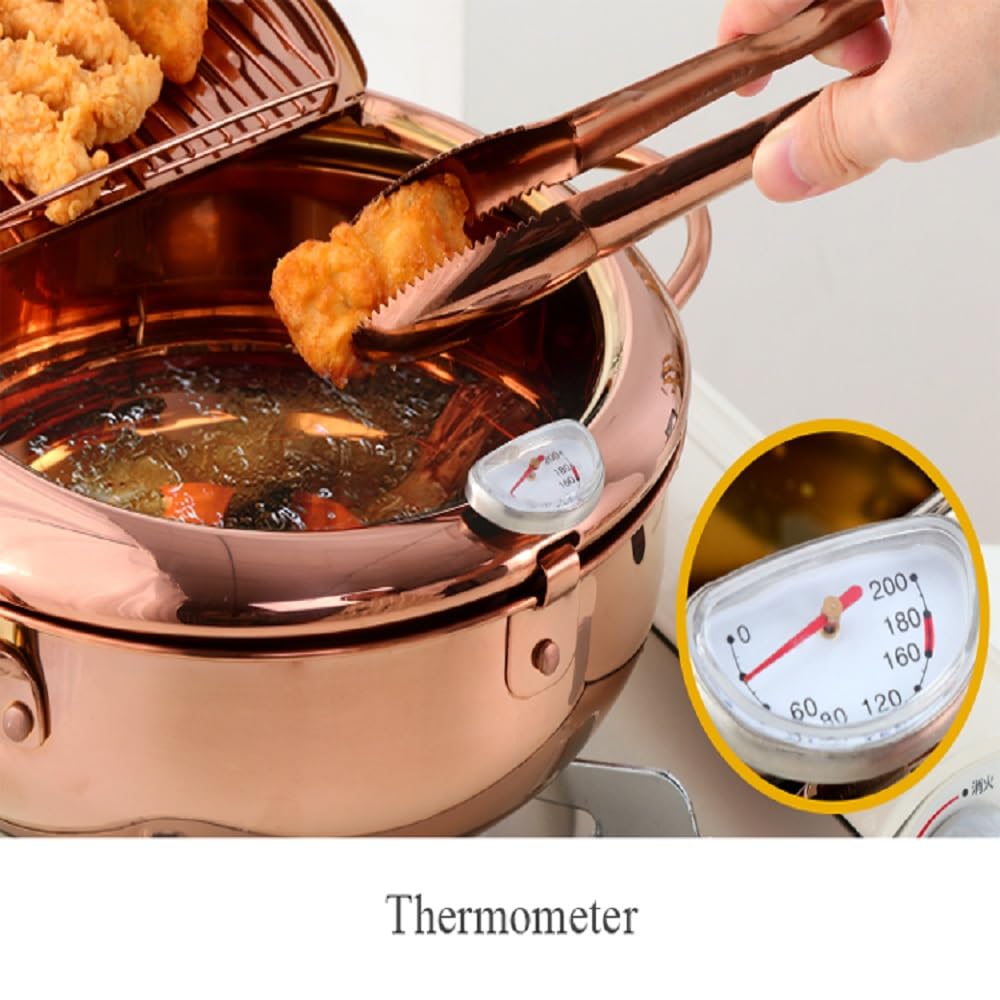 Upfood Japanese Style Tempura Frying Pot, 304 Stainless Steel Golden Deep Fryer Pot with Lid, 9.8