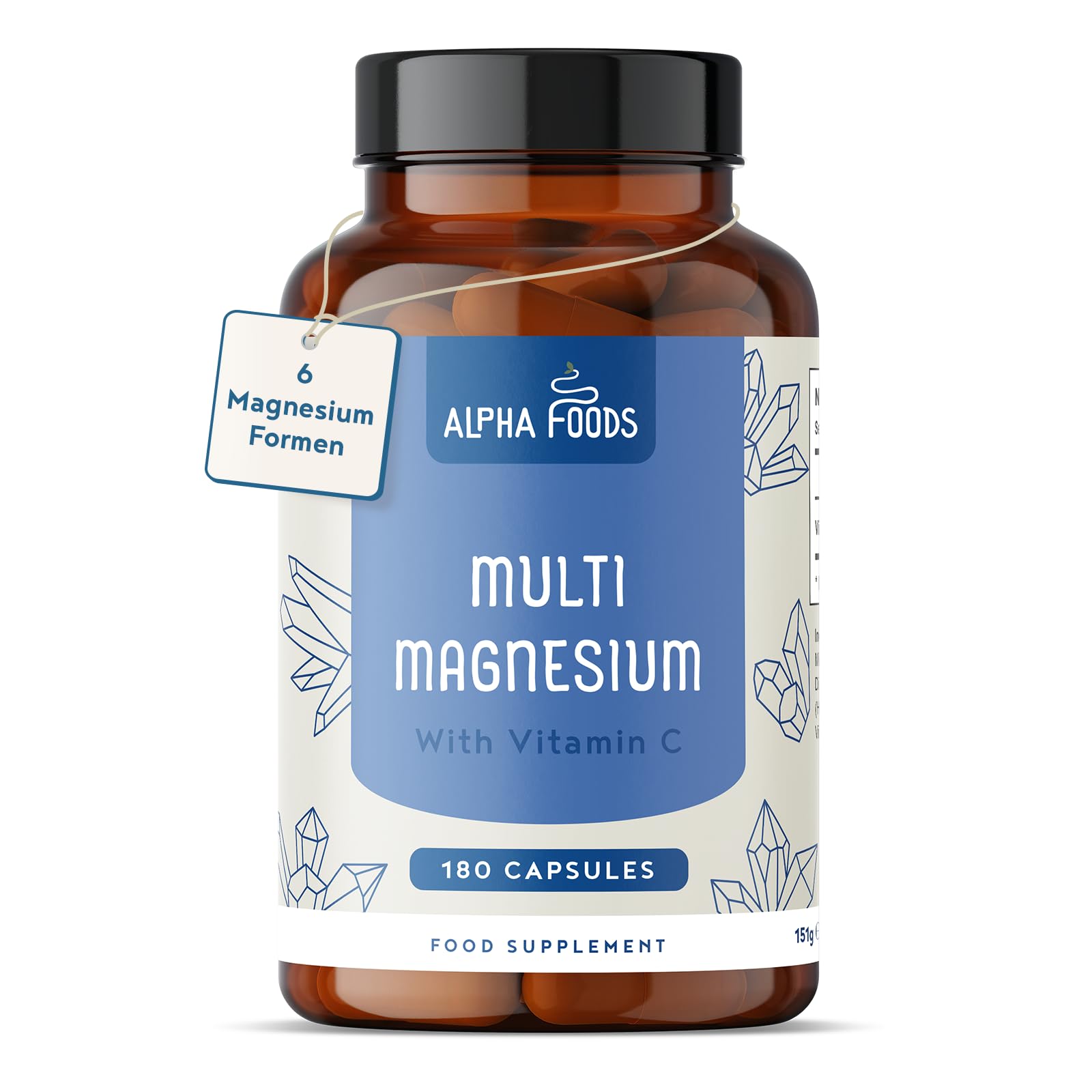 Alpha Foods Magnesium Komplex Hochdosiert, mit 6 Formen, u.a. Bisglycinat, Magnesiumcitrat & Ascorbat, 180 Kapseln, 2140mg pro Tagesdosis, vegan, mit Vitamin C