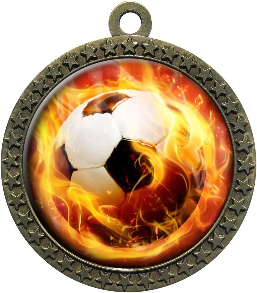 10 Pack of Flame Soccer Gold 2.25 Inch Medals Trophy Awards with Red White Blue Neck Ribbons D212G-EMFCL809-10PK