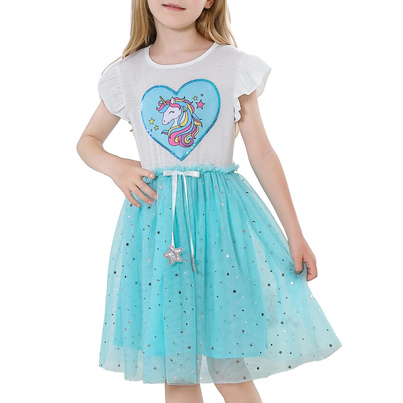 VASCHY Vestidos de Niña, Vestido Manga Corta Vestido Unicornio Princesa Mariposa Sirena Vestidos Ropa Tul Fiesta de Verano Vestido Festivo 2-10 años