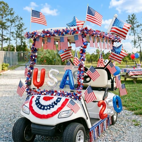 4th of July Golf Cart Decorations Kit 250th Anniversary USA Patriotic Parade Decor Set - Red White Blue Fringe Tinsel Garland Flag Balloons Banner for Independence/Memorial Day Celebration