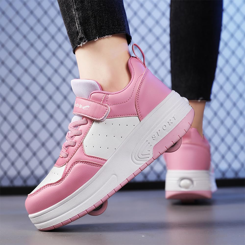 Hixingo Zapatillas con Ruedas Niña Niño, Negro/Rosa Zapatos con Dos Ruedas para Niñas 2 en 1 Zapatillas Patines Zapatillas Ruedas Niño, Zapatos Patines Calzado de Skateboarding Multifuncionales