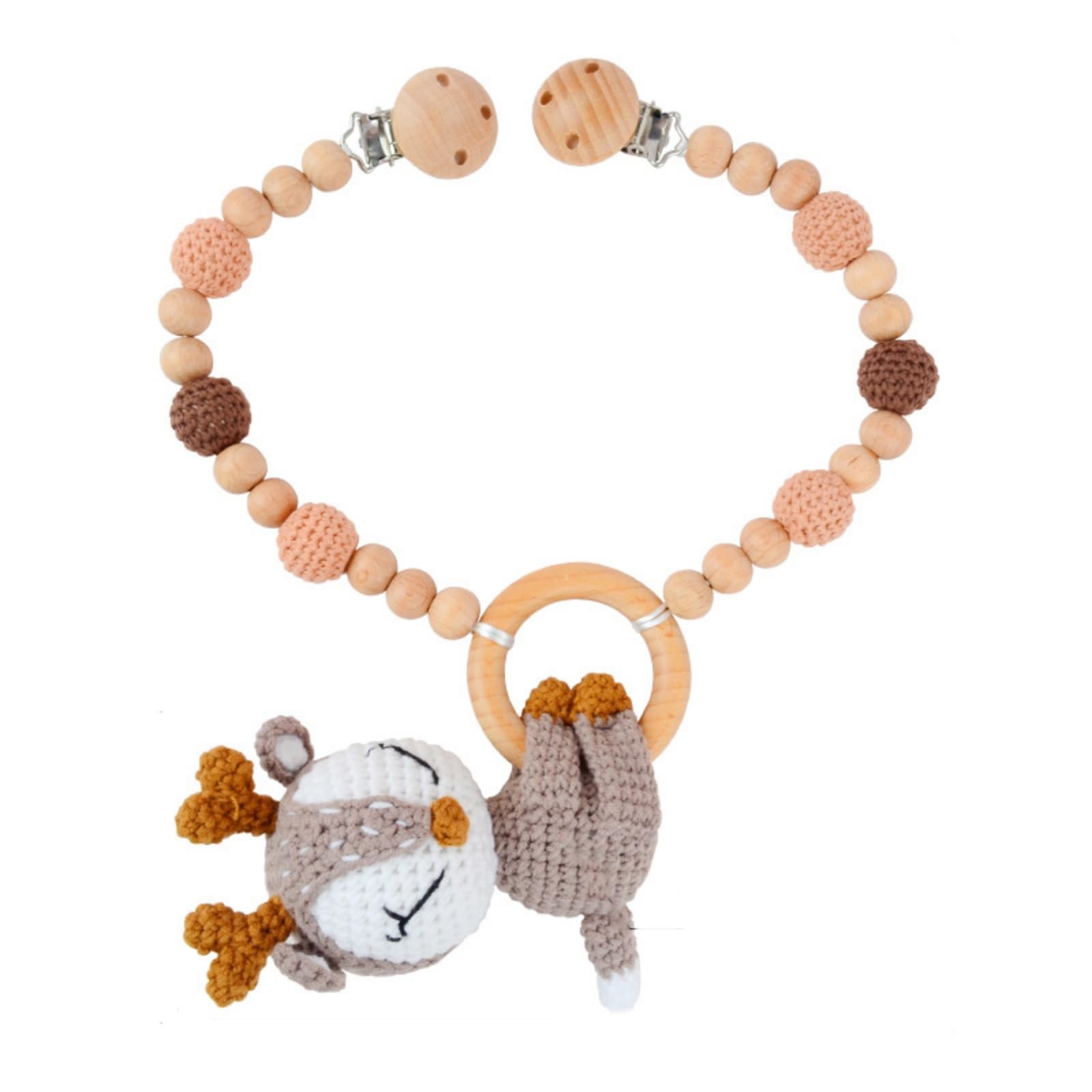 Kinderwagen Spielzeug, Kinderwagenkette Aus Holz und Baumwolle Gehäkelt, Kinderwagen Kette für Babys, Babyschale Spielzeug mit Glocke für Babys und Kleinkinder ab 0+ Monaten (C)