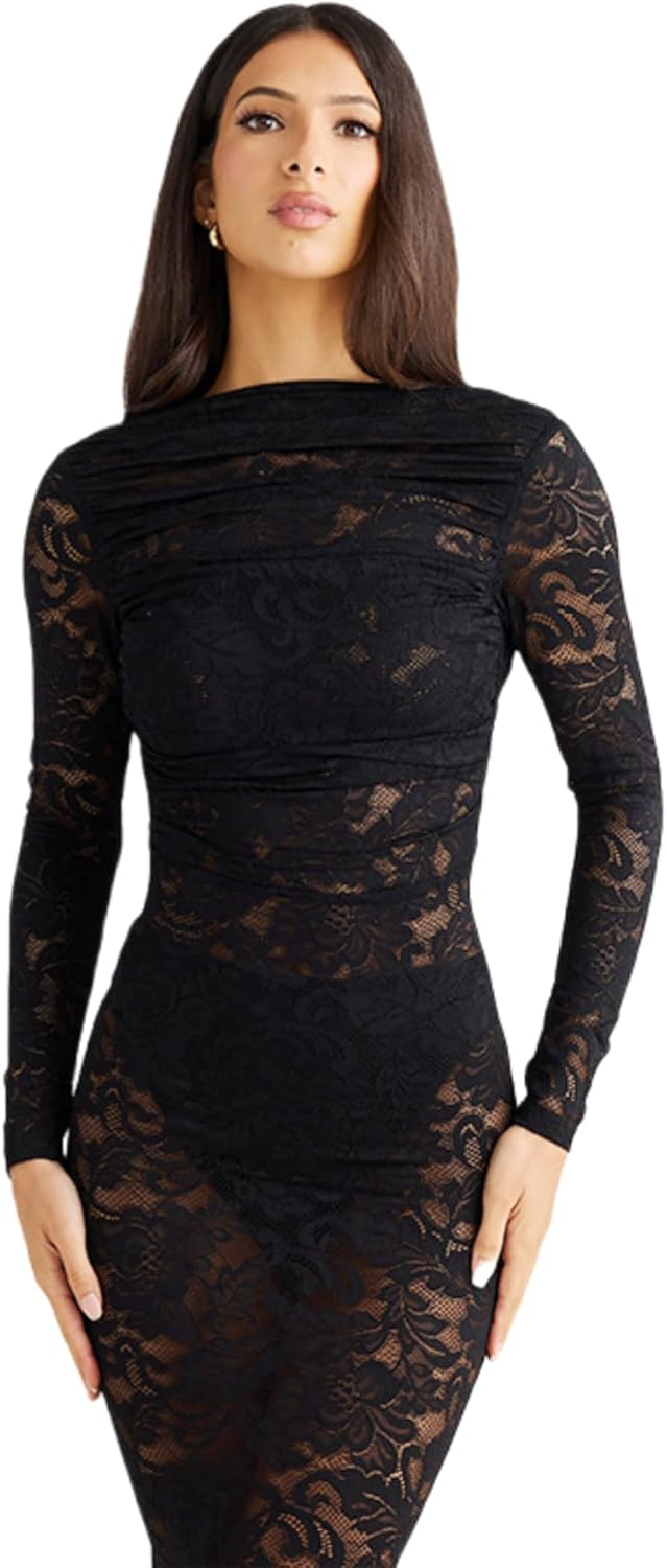 ZGMYC Women's Sexy Backless See Through Lace Maxi Dress Elegant Ruched Long Sleeve Bodycon Dress Cocktail Party Dress - Image 3
