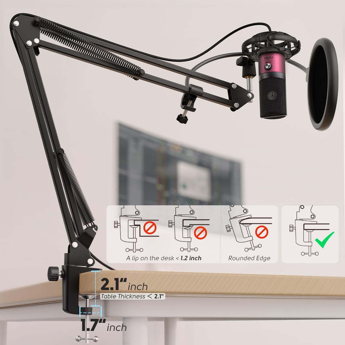 FIFINE Studio Condenser USB Microphone Computer PC Microphone Kit with Adjustable Boom Arm Stand Shock Mount for Instruments Voice Overs Recording Podcasting YouTube Vocal Gaming Streaming-T669: Rose Red