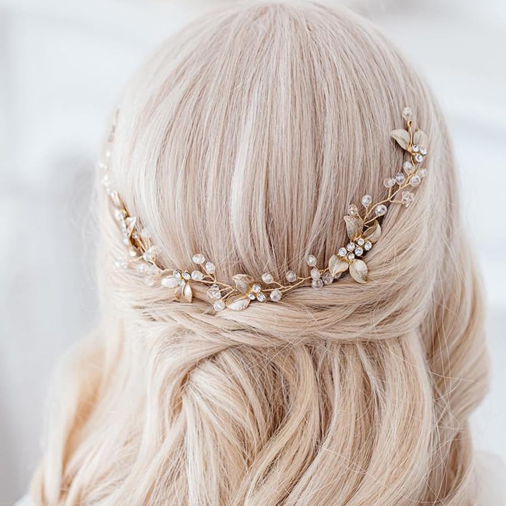 4 Piezas Peine para el Cabello Nupcial Horquillas Pelo Boda de Diamantes de Imitación y Perlas Hojas Tiara Nupcial Accesorios para Novias y Damas de Honor (Dorado)