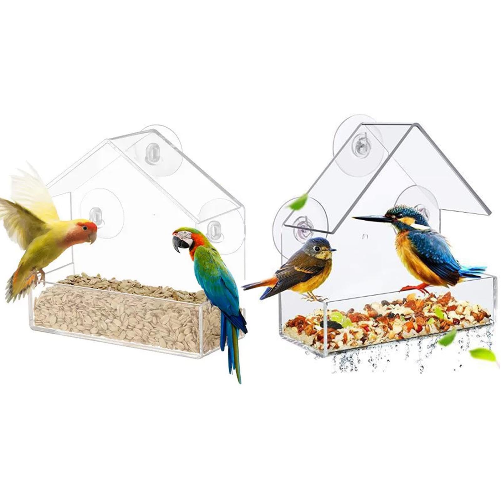 2Pcs Window Bird Feeder, Acrylic Bird House With Suction Cup and Drain Hole