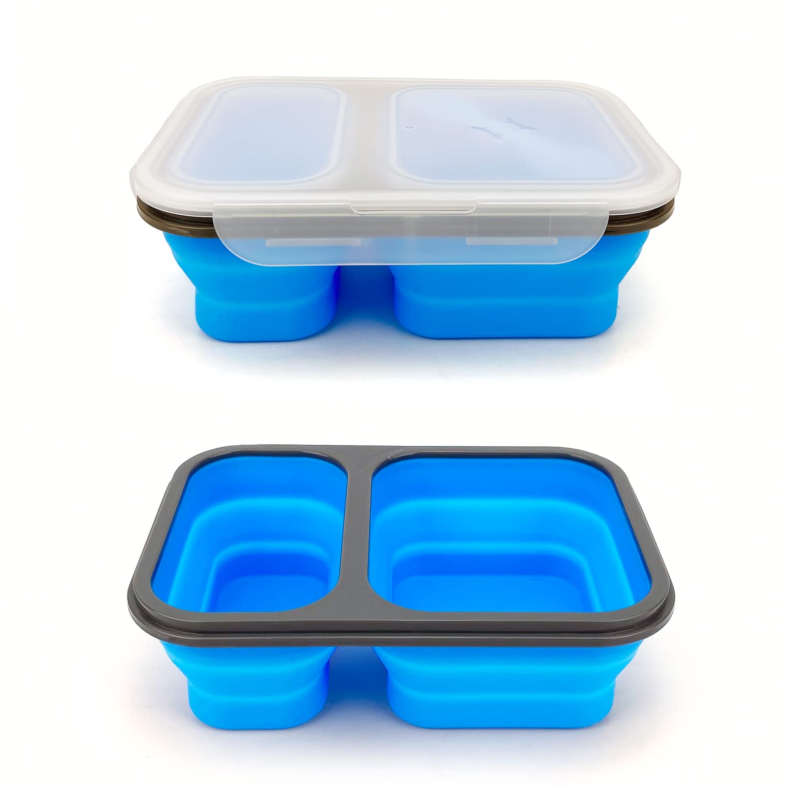 Składane pudełko Bento z szczelnymi dwoma przegródkami, idealne rozmiary porcji, 600 ml i 450 ml, z łyżką 2 w 1 i widelcem, silikonowy pojemnik na lunch klasy spożywczej do szkoły, pracy, podróży, nadaje się do kuchenki mikrofalowej