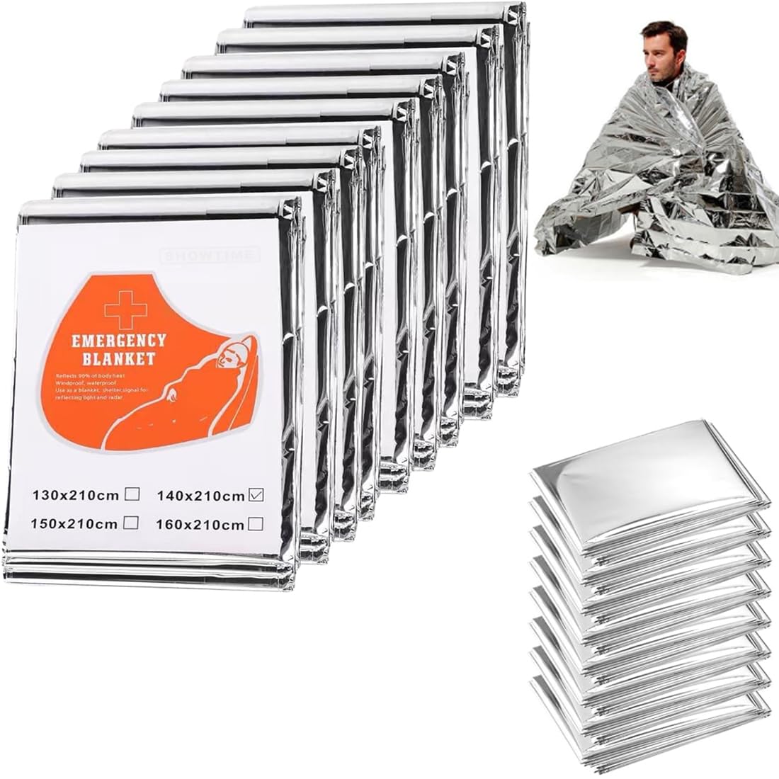 Paquete de 10 mantas térmicas de supervivencia, mantas espaciales de emergencia de Mylar de 1.4 x 2.1 m, empaquetadas individualmente para camping, senderismo, al aire libre y maratones