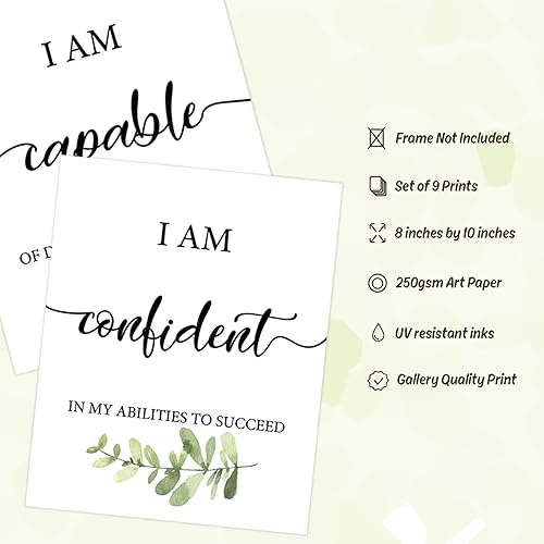Miniatura 3 de Whaline 9 piezas inspiradoras de arte de pared con afirmaciones verdes, arte de pared, póster motivacional para aula, para escuela, oficina, hogar,