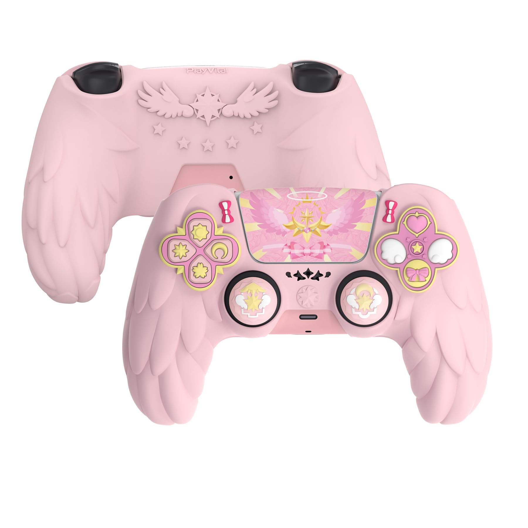 PlayVital Funda de Silicona Protectora para ps5 Mando - Carcasa Suave Antideslizante con Tapas para Joysticks y Pegatinas, Compatible con Base de Carga - Serie Magic Wings (Rosa)