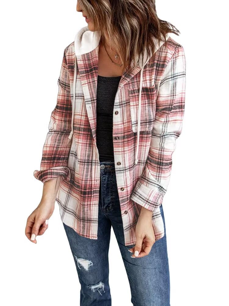 Womens Flannel Checked Shirts Hoodies Long Sleeve Oversized Buffalo Plaid Sweatshirt Button Down Jacket Sweater