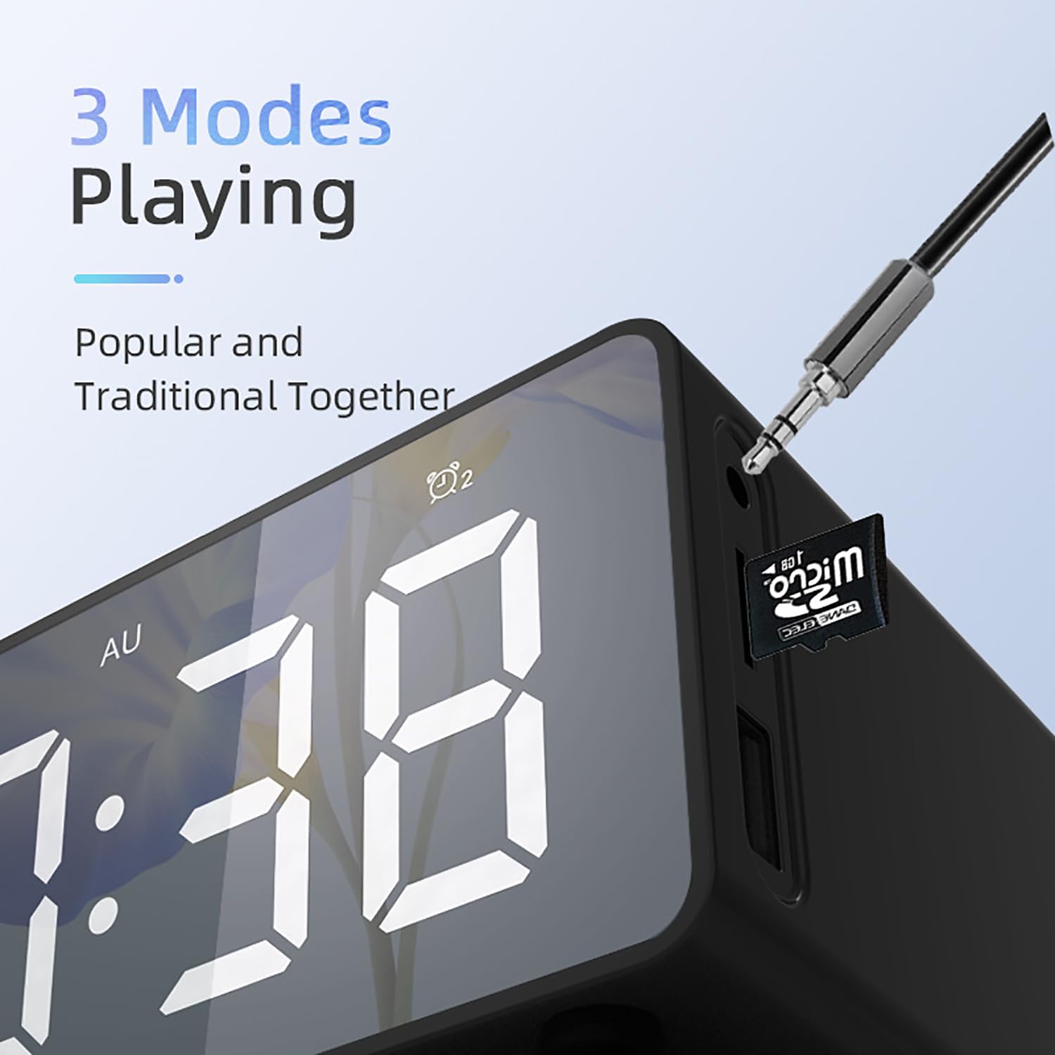 Reloj despertador digital con pantalla LED, brillo regulable, altavoz manos libres, reproductor de música para mesita de noche y oficina, diseño compacto