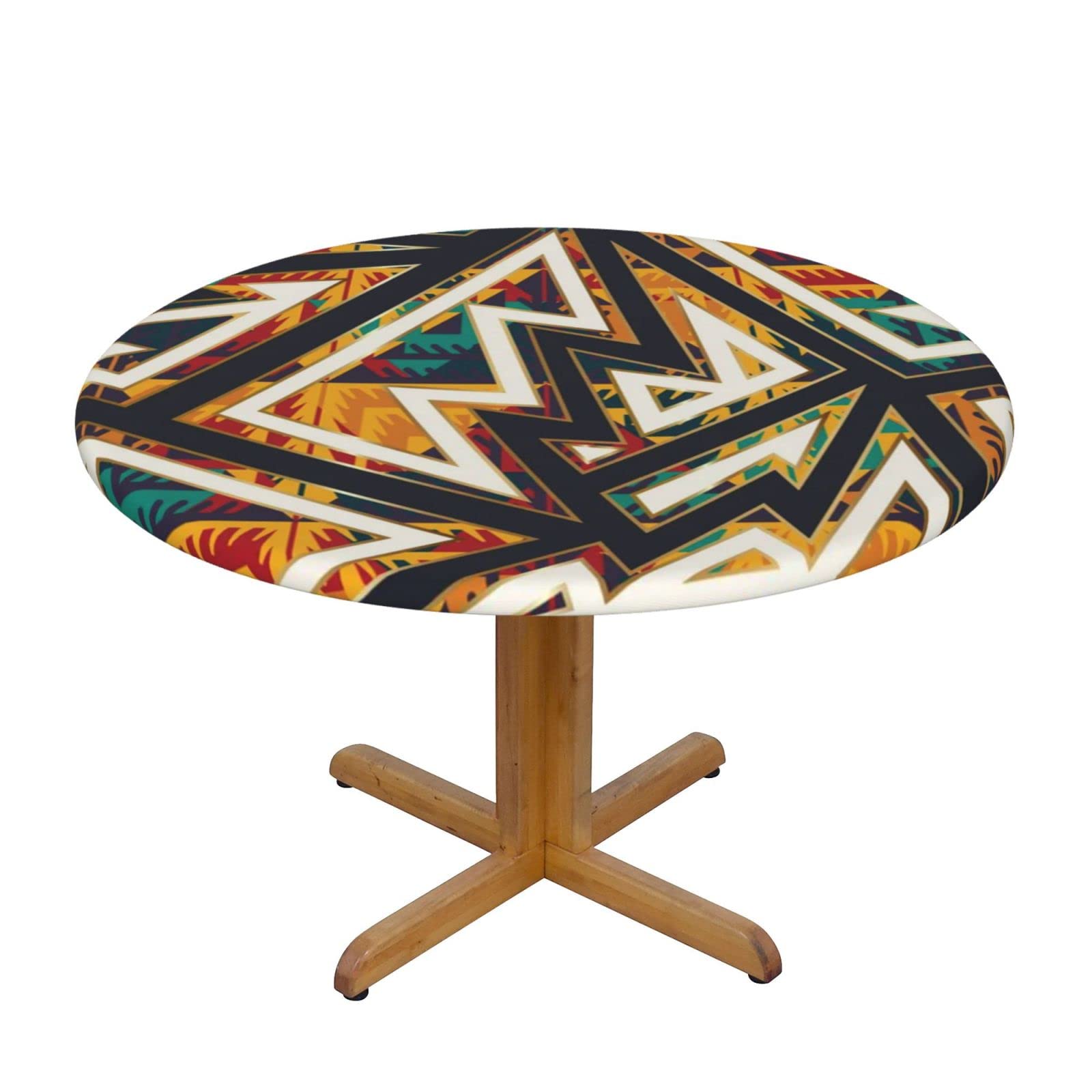 Lsjuee Round Fitted Tablecloth 40-44in Elastic Edged Table Cloth for Kitchen Dining Party Home Decor - Ethnic Geometric Color