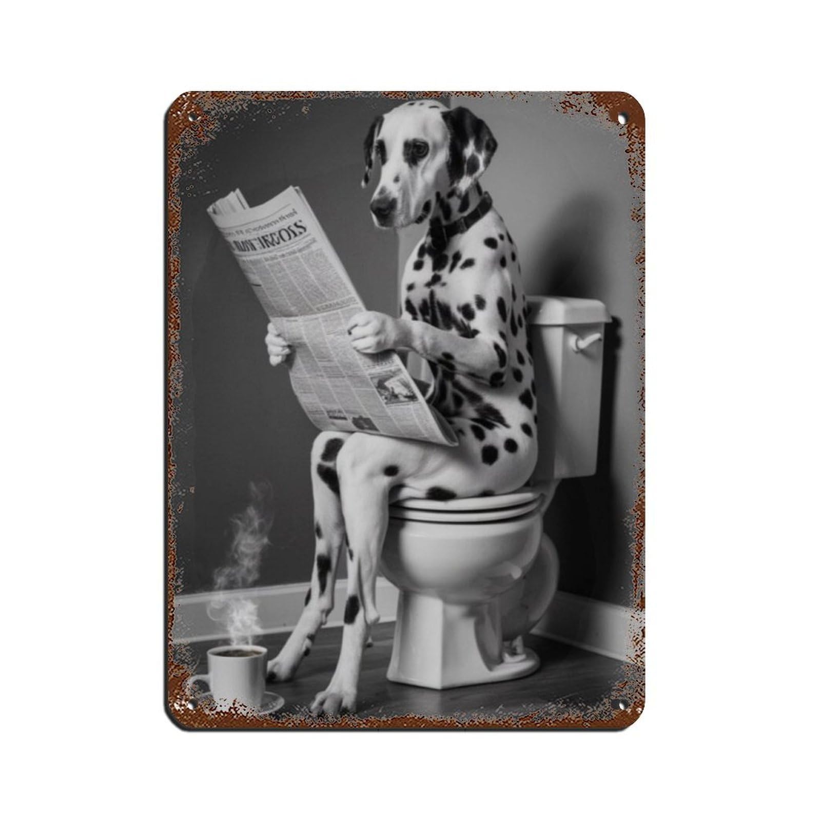 Dalmatian Dog on Toilet Dog Reading Paper Tin Sign Vintage Metal Pub Club Cafe Bar Home Wall Art Decoration Poster Retro 12x16inch(30x40cm)