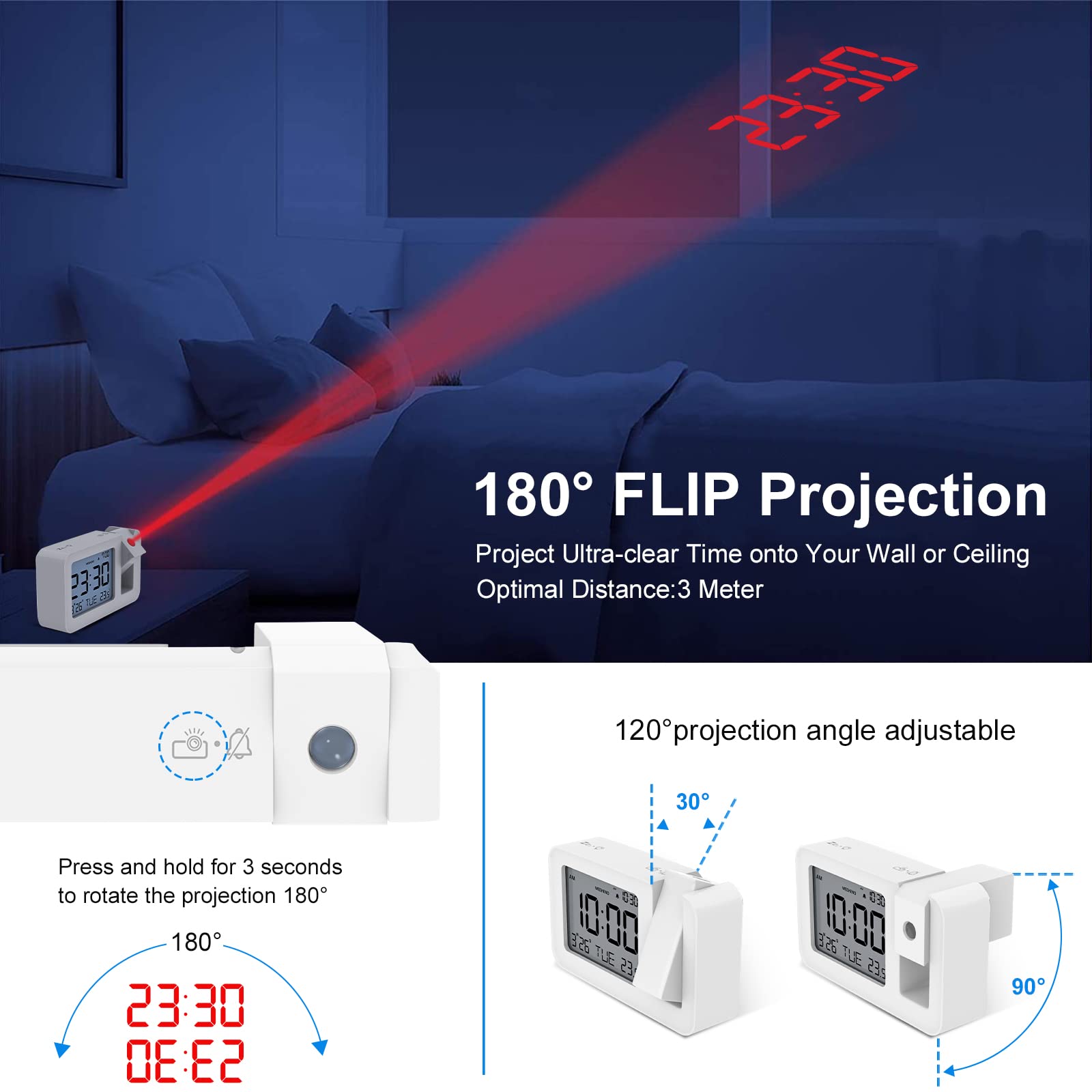 CHEREEKI Sveglia con Proiettore Soffitto, Sveglia da Comodino Digitale con 120° di Rotazione Proiettore,Temperatura, 4 Livelli Luminosità e Snooze, Calendario e Il Giorno, Bianco