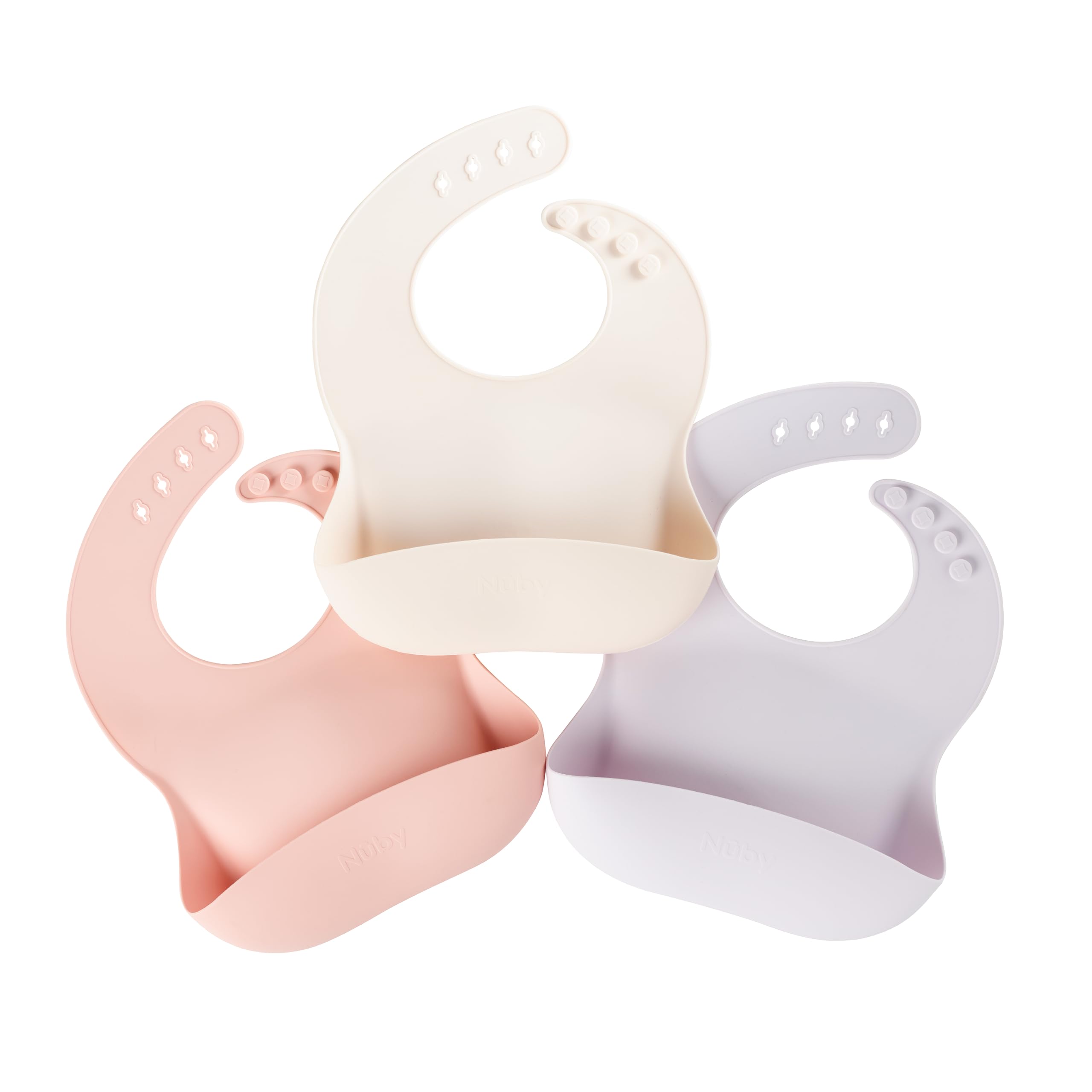 Nuby Lot de 3 Bavoirs Bébé en Silicone Fille – Imperméables & Faciles à Nettoyer – Souples et Réglables – Poche Récupératrice de Nourriture – Bavoirs Repas Bébé et Tout-Petit