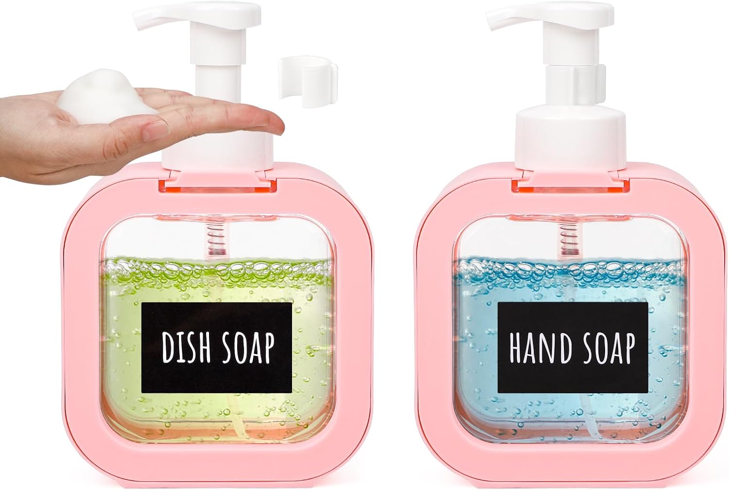 Segbeauty 2pcs Shower Foam Soap Dispensers, 16.9oz Pink Empty Plastic Foam Soap Pump Bottles, 500ml Reusable Hand Soap Dispenser with Label Stickers, Square Foaming Body Soap Dispenser Foam Container
