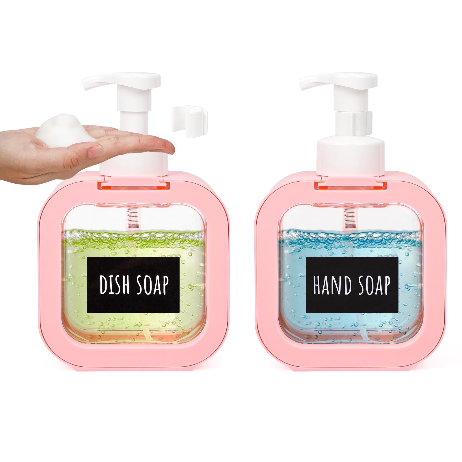 Segbeauty 2pcs Shower Foam Soap Dispensers, 16.9oz Pink Empty Plastic Foam Soap Pump Bottles, 500ml Reusable Hand Soap Dispenser with Label Stickers, Square Foaming Body Soap Dispenser Foam Container