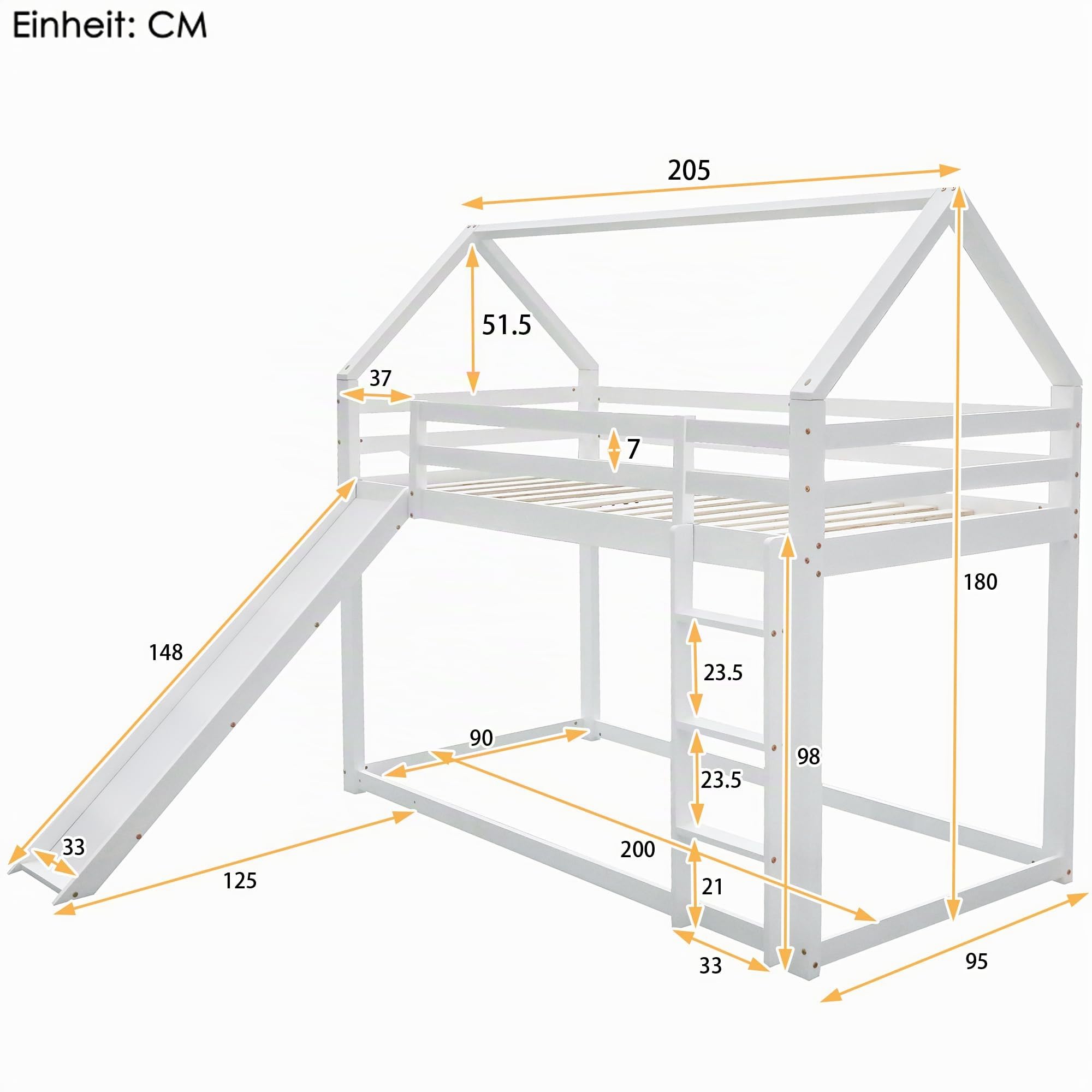 Dolamaní Hochbett Haus Etagenbett 2 Kinder 90x200 cm Weiß, Kinderbett mit Rausfallschutz, Rutsche und Treppe können die Plätze tauschen