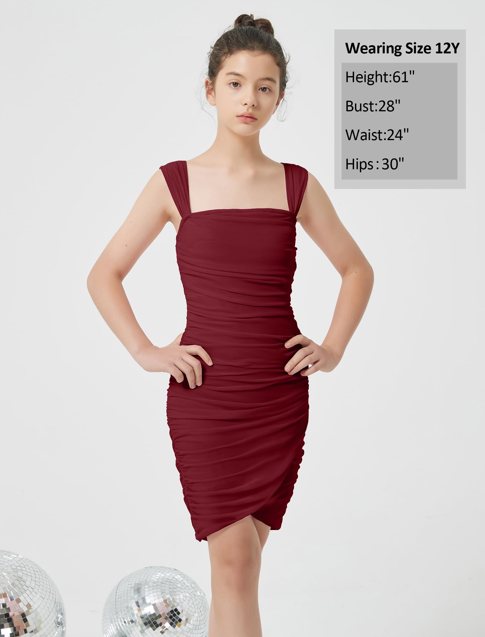 EXARUS Vestito aderente increspato per ragazze con reggiseno incorporato Teen Mesh Front Wrap Hem Tween Party Dance Mini abiti a matita stretti