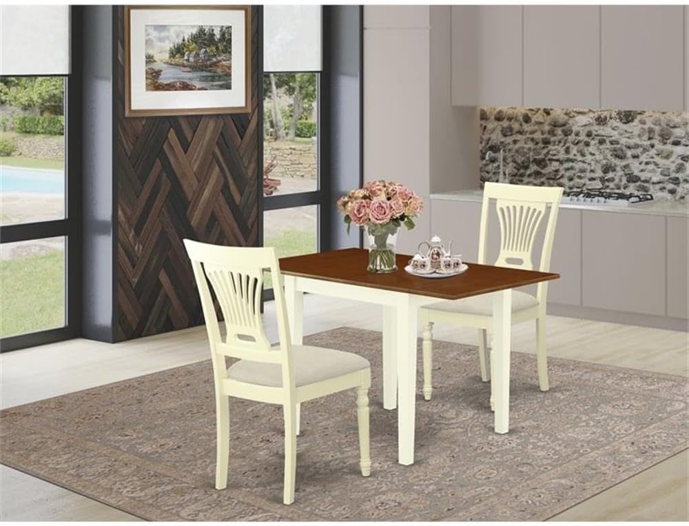 East West Furniture NDPL3-WHI-C 3 Piece Kitchen Table Set for Small Spaces Contains a Rectangle Table with Dropleaf and 2 Linen Fabric Dining Chairs, 30x48 Inch, Buttermilk & Cherry