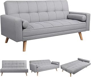 Yaheetech 3 Seater Fabric Sofa Bed Click Clack Modern Sleeper Sofa Settee with Cushions for Living Room/Guest Room,Grey
