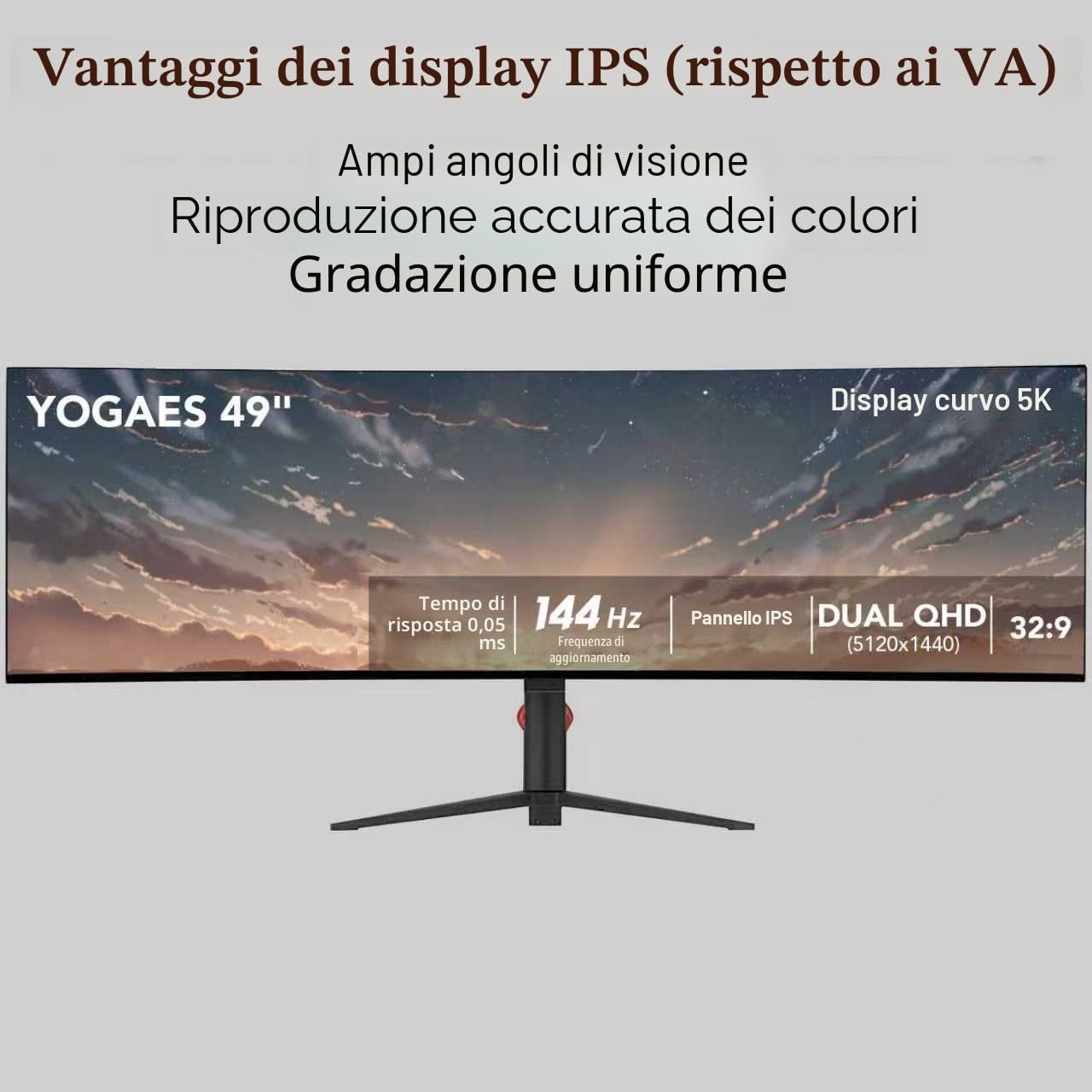 YOGAES Monitor Curvo Ultrawide da 49", 5120x1440 Dual QHD, IPS 3800R, HDR400, USB-C, Altoparlanti Integrati, Regolazione in Altezza, VESA 100x100, Compatibile con G-Sync(144hz)