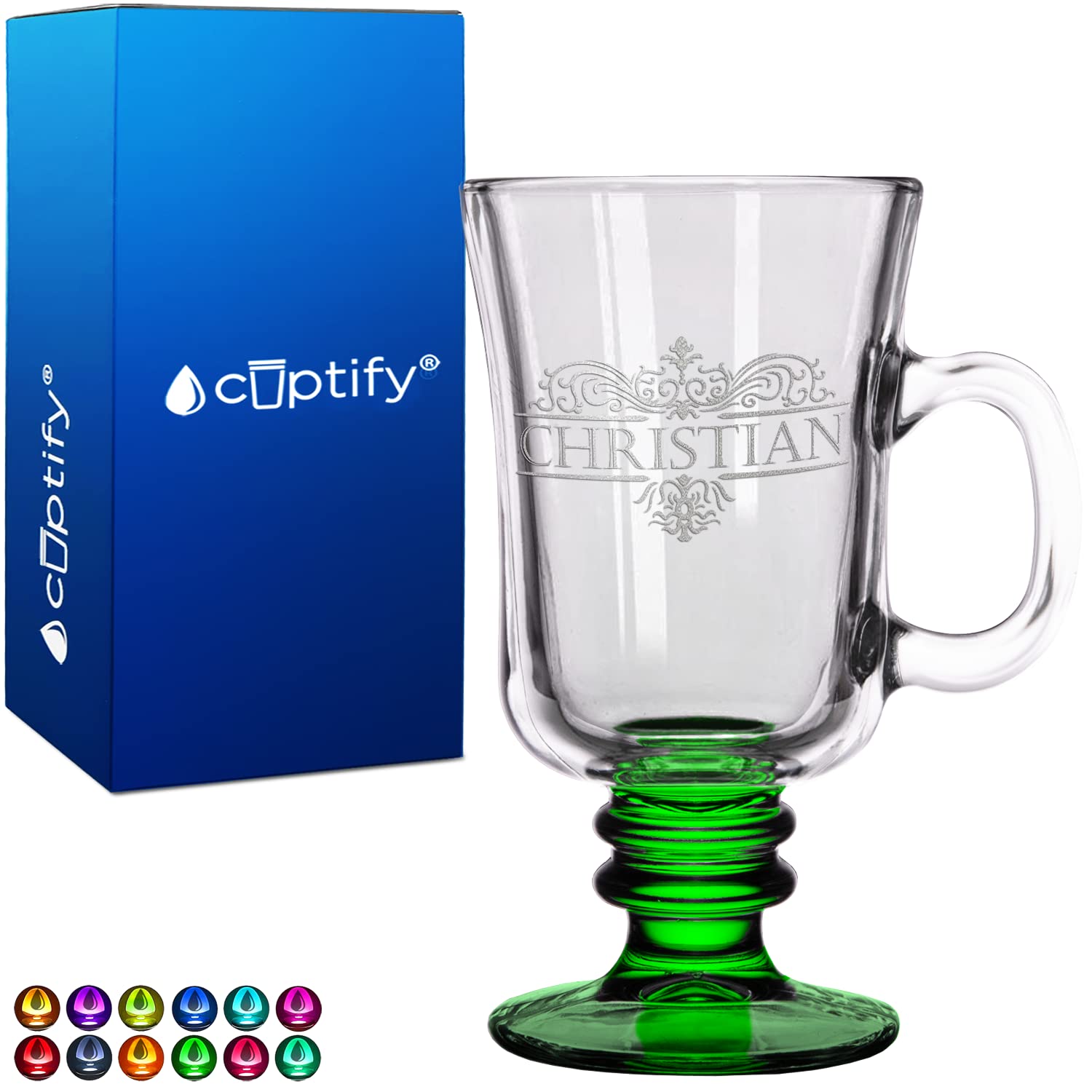 Custom Glass Mug Vestige Monogram 8.5 oz Green Bottom Etched Irish Coffee Mug with Personalized Text Birthday Gift for Men and Women