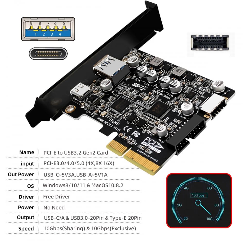 CY Adaptateur 10 Gbit/s Type-E USB 3.1 Prise Frontale et USB 3.0 19 broches/20 Broches et Type-A USB-C vers PCI-E Express Card Adapter ASM3142 VL822