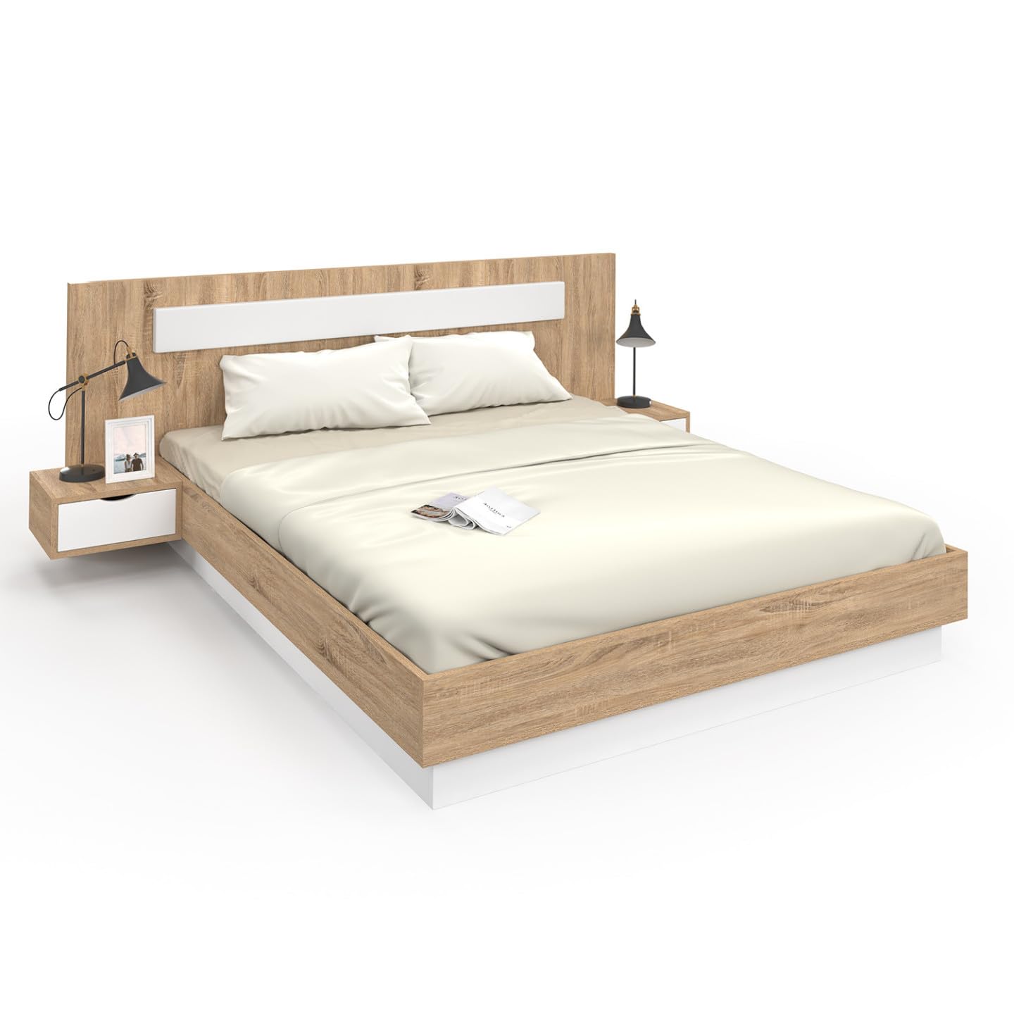 IDMarket - Lit Double Santa avec tête de lit + Tables de Chevet intégrées et sommier 160 x 200 cm Bois et Blanc
