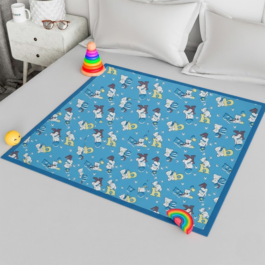 Printed Waterproof Baby Crib Bedsheet 36x54 Inch with Binding | PVC Urine Proof Mattress Protector | Baby Plastic Sheet for Newborn & Toddler | Pack of 1 (Blue Alphabet)