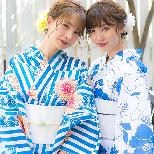 Kimura Jitsugyo Women's Kyoto Traditional Easy Wearing Kawaii Yukata Robe(Japanese Casual Kimono) Full Set 4 Bright Blue And Sunflower Type 54 Women #TOP2